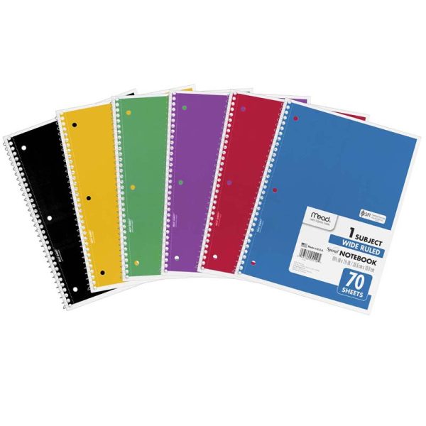 Spiral 1 Subject Notebook, Wide Ruled, 70 Sheets Per Book, Pack of 6