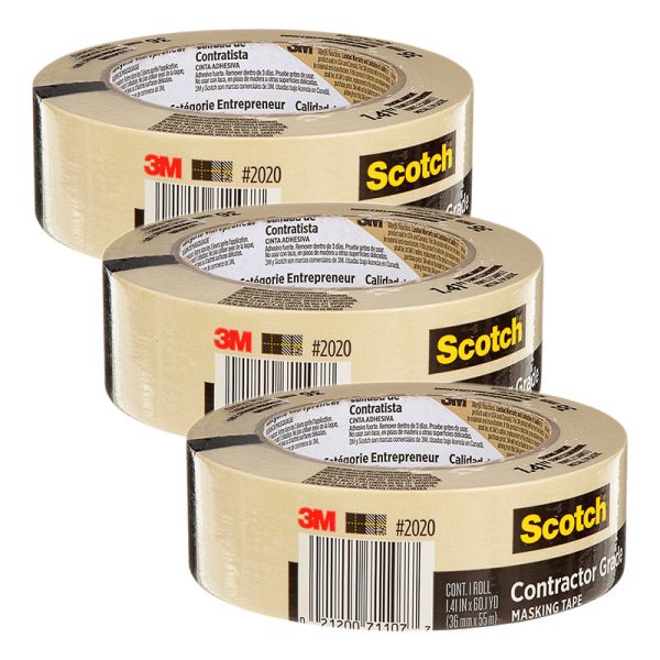 Contractor Grade Masking Tape, 1.41 in x 60.1 yd (36mm x 55m), Pack of 3