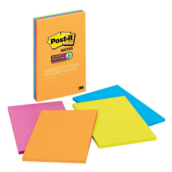 Super Sticky Notes, 4 x 6, Rio de Janeiro Collection, Lined, 4 Pads/Pack