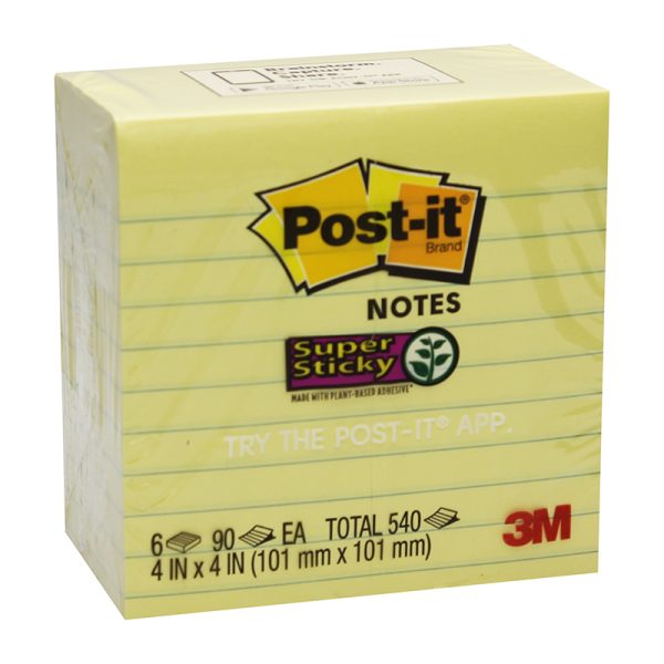 Super Sticky Notes, 4" x 4", Canary Yellow, Lined, 90 Sheets Per Pad, 6 Pads