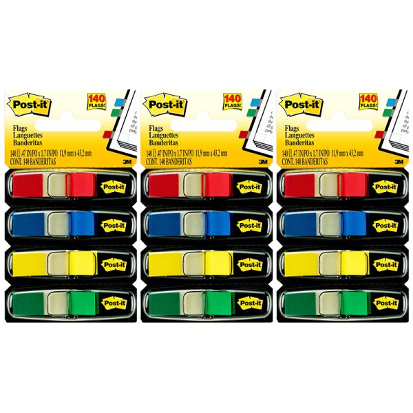 Flags, Assorted Primary Colors, .47 in. Wide, 35 Flags/Dispenser, 4 Dispensers/Pack, 3 Packs