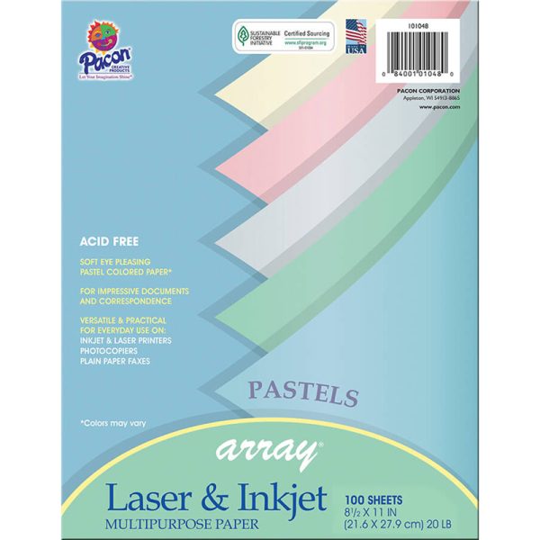 Pastel Multi-Purpose Paper, 5 Assorted Colors, 20 lb., 8-1/2" x 11", 100 Sheets