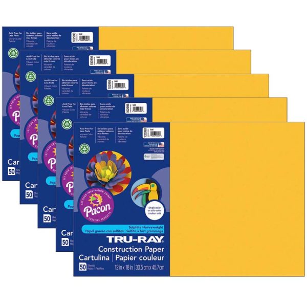 Construction Paper, Gold, 12" x 18", 50 Sheets Per Pack, 5 Packs