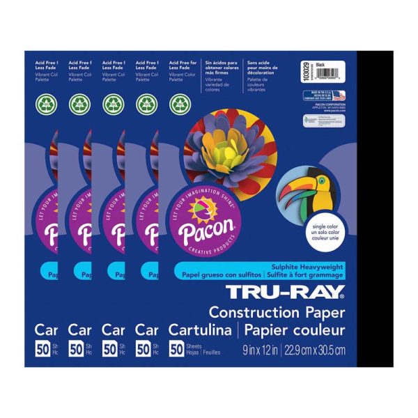 Construction Paper, Black, 9" x 12", 50 Sheets Per Pack, 5 Packs