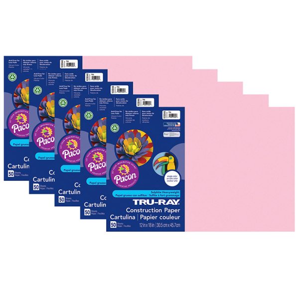 Construction Paper, Pink, 12" x 18", 50 Sheets Per Pack, 5 Packs