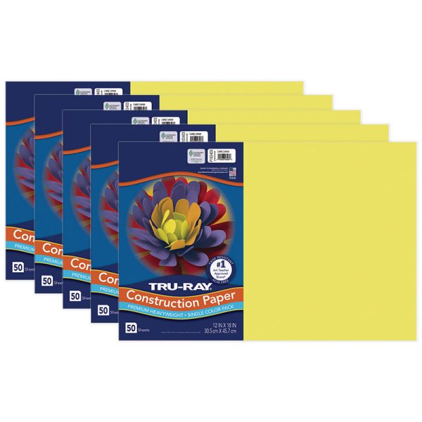 Construction Paper, Lively Lemon, 12" x 18", 50 Sheets Per Pack, 5 Packs