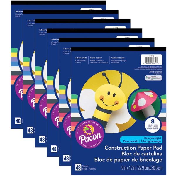 Heavyweight Construction Paper Pad, 8 Assorted Colors, 9" x 12", 48 Sheets Per Pack, 12 Packs