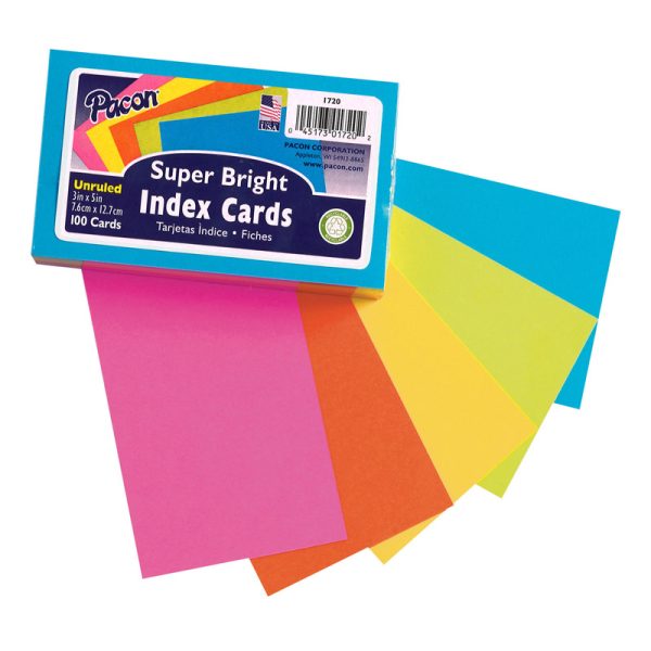 Index Cards, 5 Super Bright Assorted Colors, Unruled, 3" x 5", 100 Cards