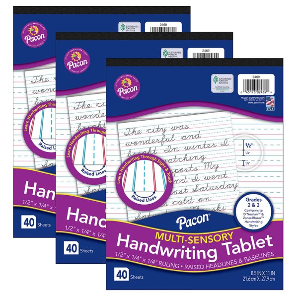 Multi-Sensory Raised Ruled Tablet, Tape-Bound Tablet, 1/2" x 1/4" x 1/4" Ruled Short, 8-1/2" x 11", 40 Sheets, Pack of 3