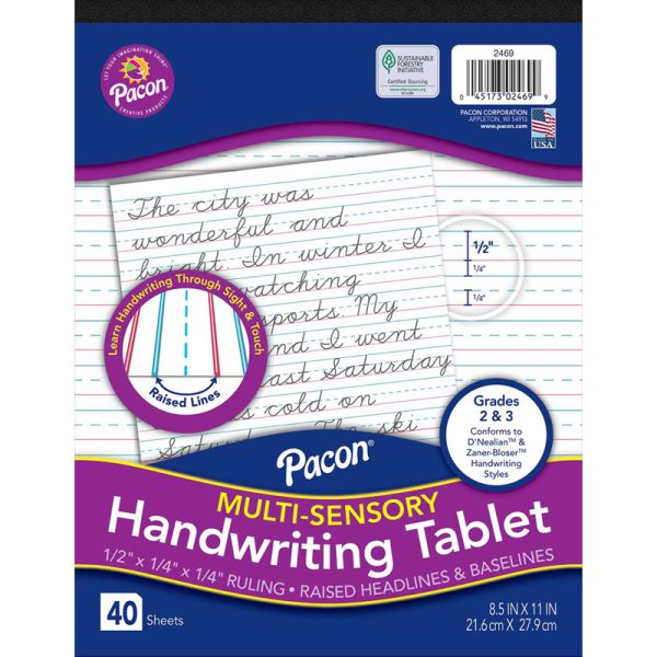 Multi-Sensory Raised Ruled Tablet, Tape-Bound Tablet, 1/2" x 1/4" x 1/4" Ruled Short, 8-1/2" x 11", 40 Sheets