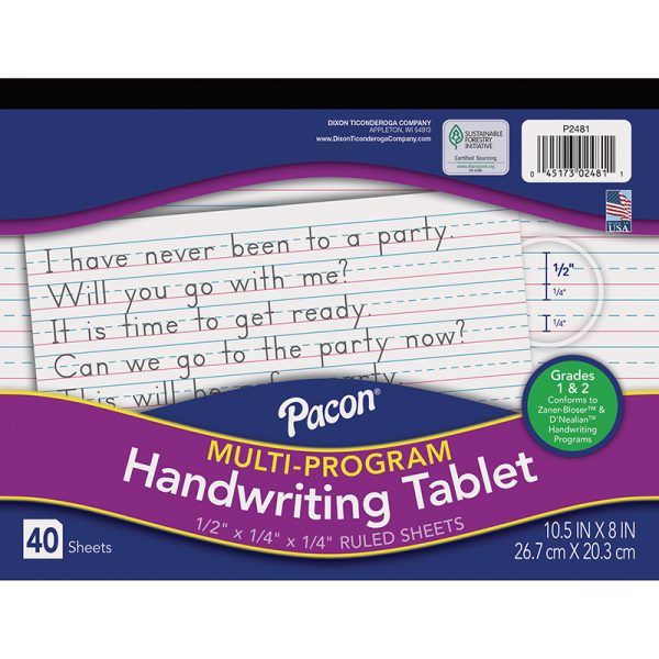 Multi-Program Handwriting Tablet, D'Nealian/Zaner-Bloser, 1/2" x 1/4" x 1/4" Ruled Long, 10-1/2" x 8", 40 Sheets