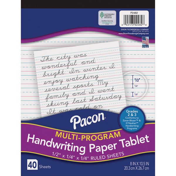 Multi-Program Handwriting Tablet, D'Nealian/Zaner-Bloser, 1/2" x 1/4" x 1/4" Ruled Short, 8" x 10-1/2", 40 Sheets