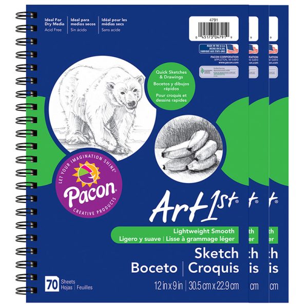 Sketch Diary, Standard Weight, 12" x 9", 70 Sheets, Pack of 3