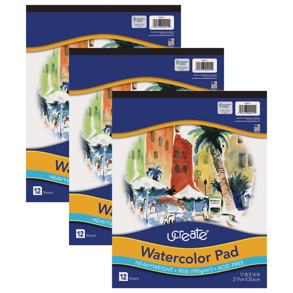 Watercolor Pad, 90 lb., 11" x 14", 12 Sheets, Pack of 3