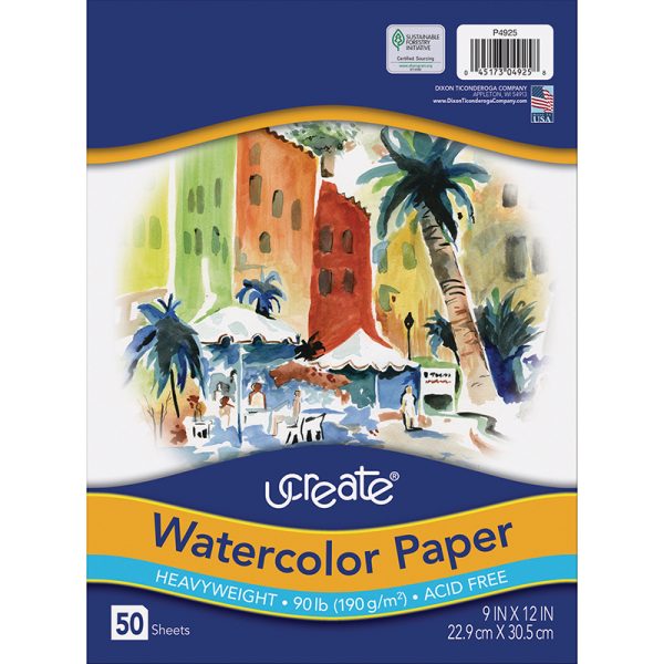 Watercolor Paper, White, 90lb., 9" x 12", 50 Sheets