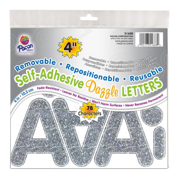 Self-Adhesive Letters, Silver Dazzle, Puffy Font, 4", 78 Characters