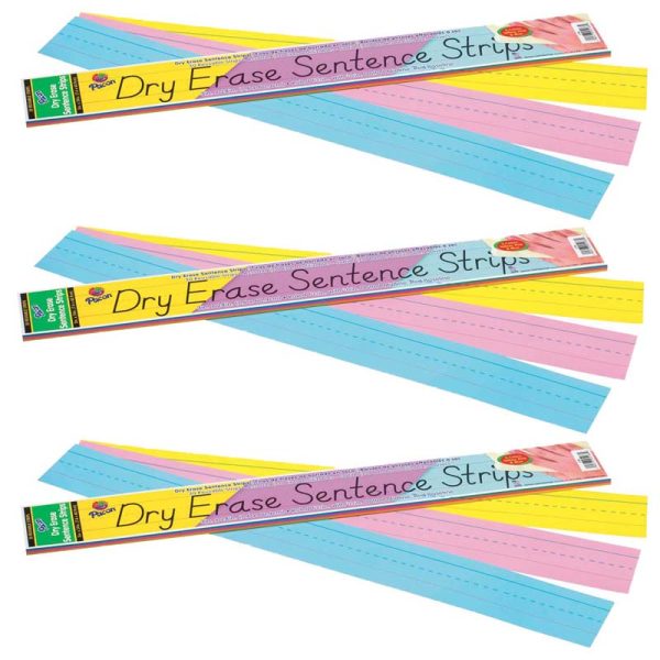 Dry Erase Sentence Strips, 3 Assorted Colors, 1-1/2" X 3/4" Ruled, 3" x 24", 30 Per Pack, 3 Packs