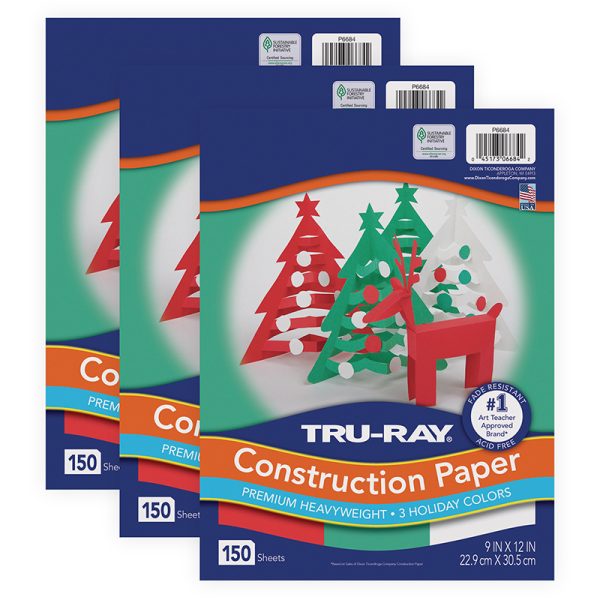 Construction Paper, Holiday Assortment, 9" x 12", 150 Sheets Per Pack, 3 Packs