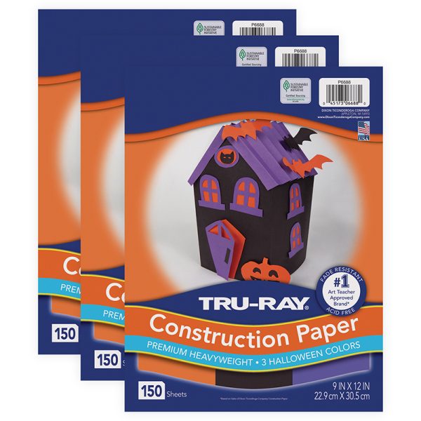 Construction Paper Halloween, Black, Orange, Purple, 9" x 12", 150 Sheets Per Pack, 3 Packs