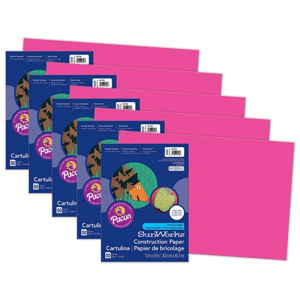 Construction Paper, Hot Pink, 12" x 18", 50 Sheets Per Pack, 5 Packs