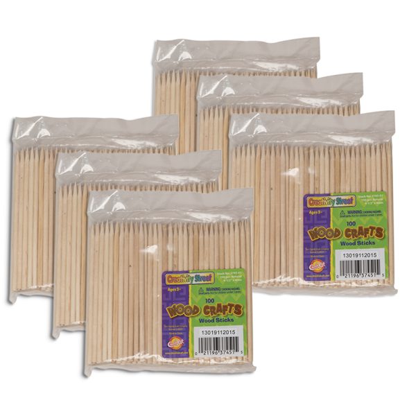 Wood Sticks ,4.5", Natural, 100 Sticks Per Pack, 6 Packs