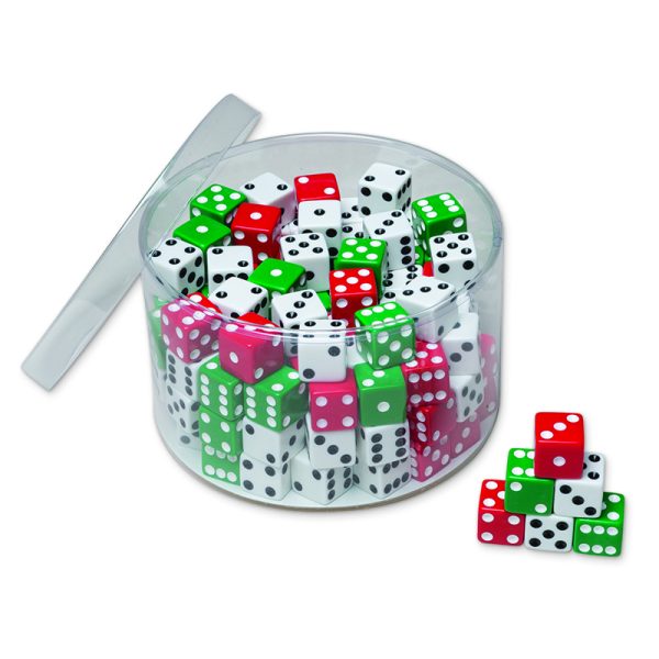 Drum of Dice, Assorted Red, Green & White, 0.625" x 0.625", 144 Pieces