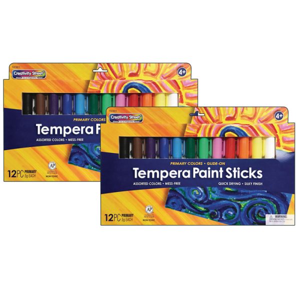 Glide-On Tempera Paint Sticks, 12 Assorted Primary Colors, 5 grams, 12 Per Pack, 2 Packs