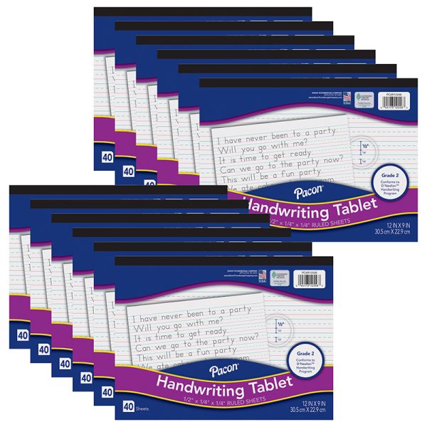 Handwriting Tablet, White, 1/2 in x 1/4 in x 1/4 in Ruled Long, 12" x 9", 40 Sheets, Pack of 12