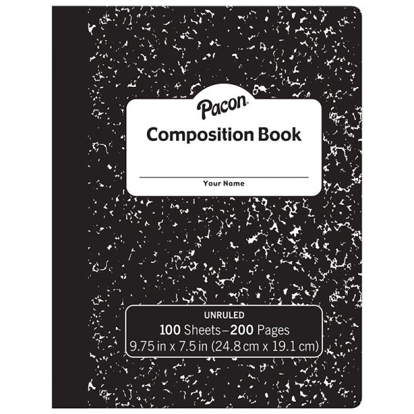 Composition Book, Black Marble, Unruled 9-3/4" x 7-1/2", 100 Sheets