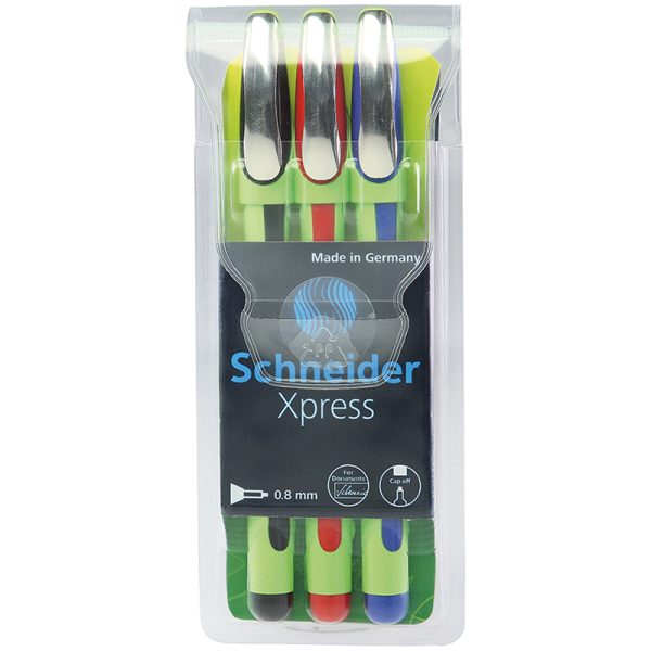 Xpress Premium Fineliner Pen, Fiber Tip, 0.8 mm, 3 Assorted Ink Colors (Black, Red, Blue)