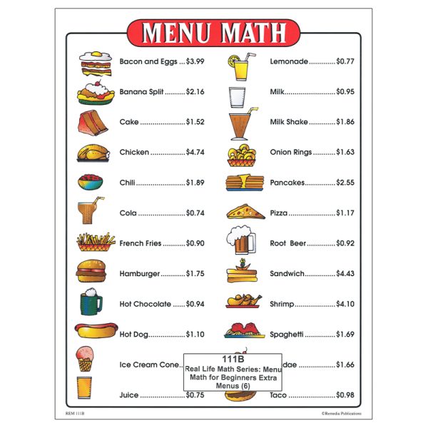 Menu Math for Beginners, 6 Extra Price Lists