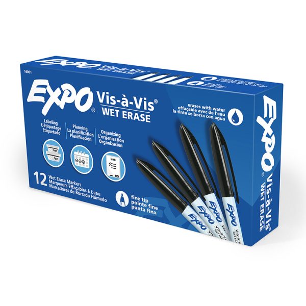 Vis-a-Vis® Wet-Erase Overhead Transparency Markers, Fine Tip, Black, Box of 12