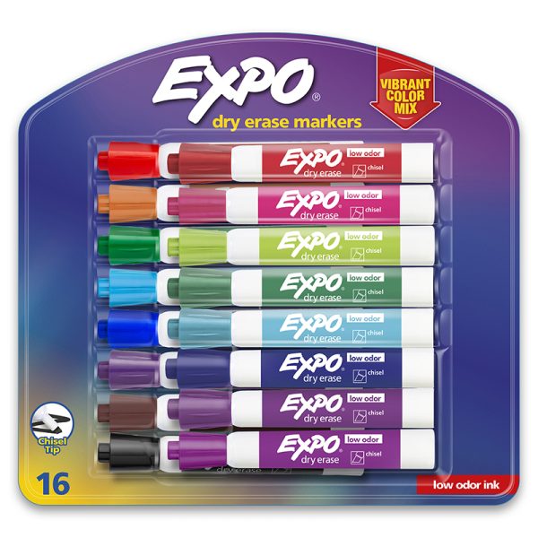 Low Odor Dry Erase Markers, Chisel Tip, Vibrant Colors, 16 Count