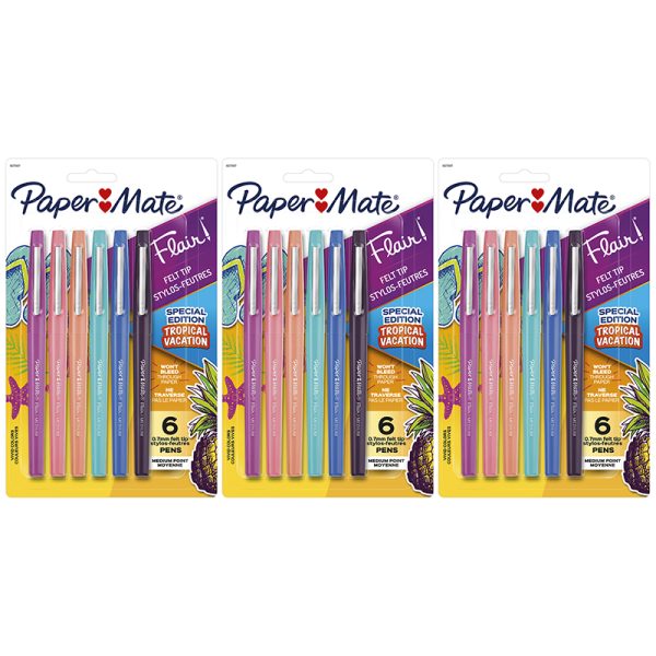 Flair Felt Tip Pens, Medium Point (0.7mm), Tropical Colors, 6 Per Pack, 3 Packs