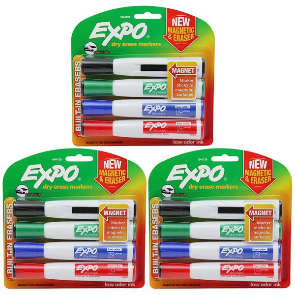 Magnetic Dry Erase Markers with Eraser, Chisel Tip, Assorted, 4 Per Pack, 3 Packs