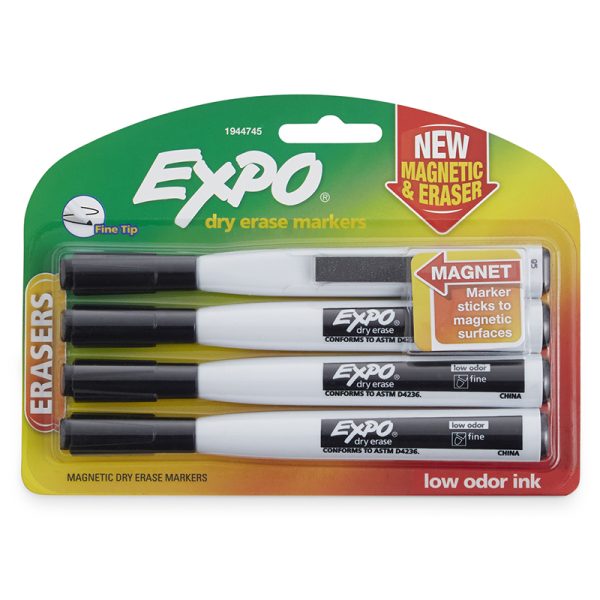 Magnetic Dry Erase Markers with Eraser, Fine Tip, Black, 4-Count