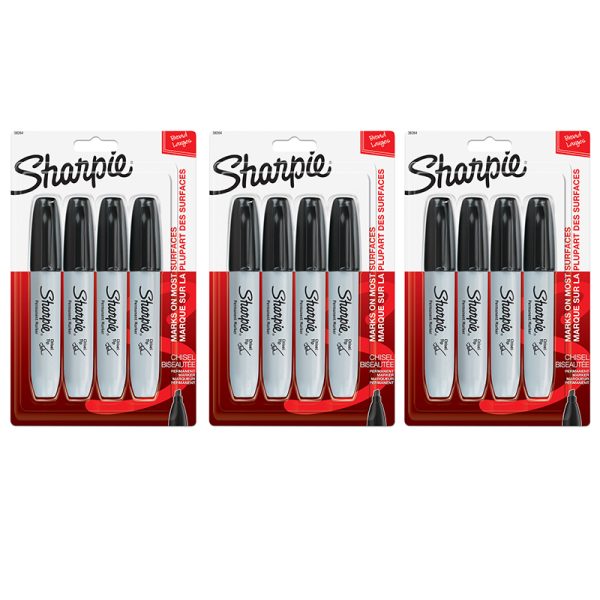 Chisel Tip Permanent Marker, Black, 4 Per Pack, 3 Packs