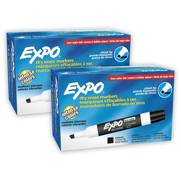 Low-Odor Dry Erase Markers, Chisel Tip, Black, 12 Per Box, 2 Boxes