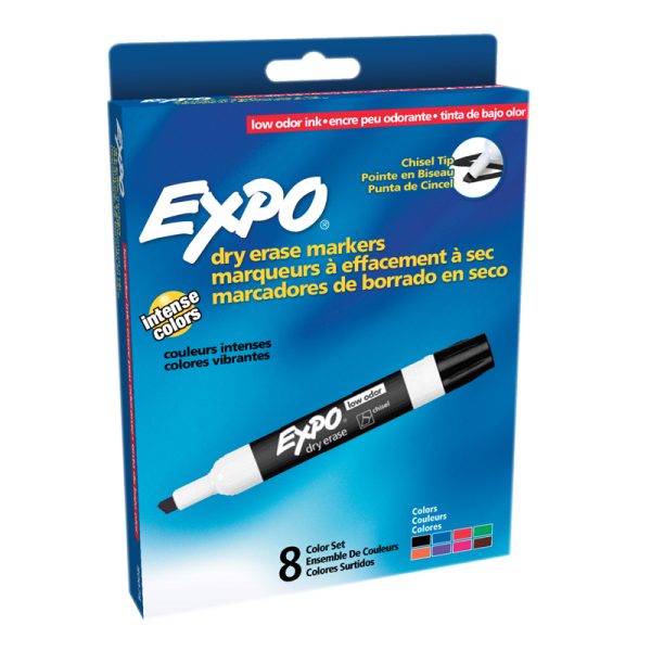 Low-Odor Dry Erase Markers, Chisel Tip, 8 Colors, Pack of 8