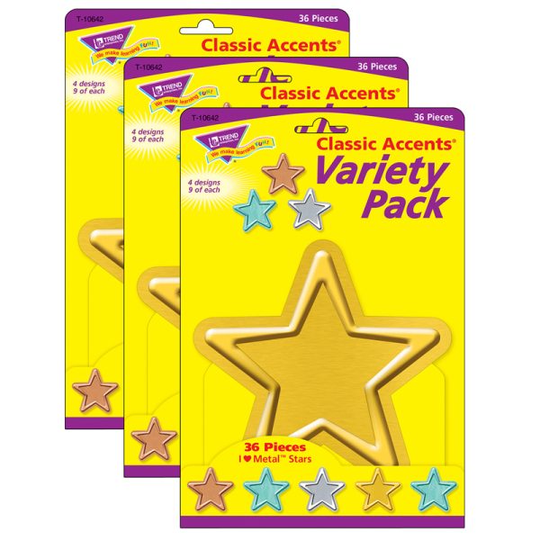 I ♥ Metal™ Stars Classic Accents® Variety Pack, 36 Per Pack, 3 Packs