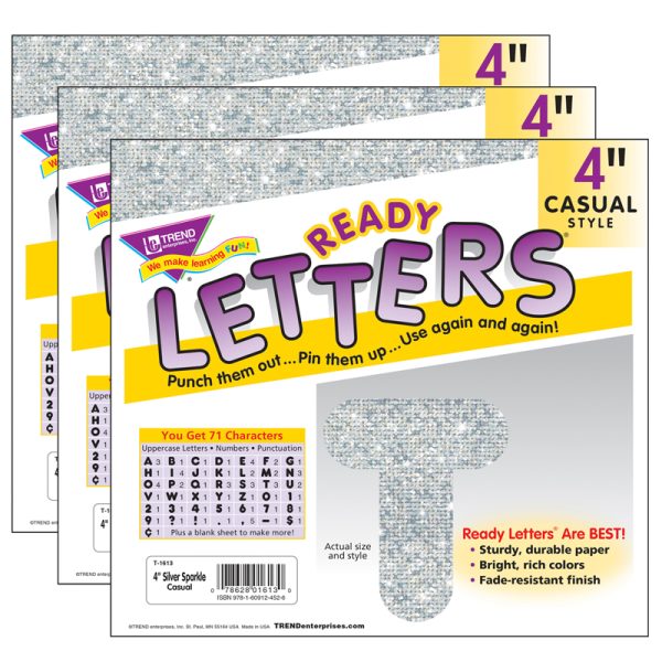 Silver Sparkle 4" Casual Uppercase Ready Letters®, 71 Per Pack, 3 Packs