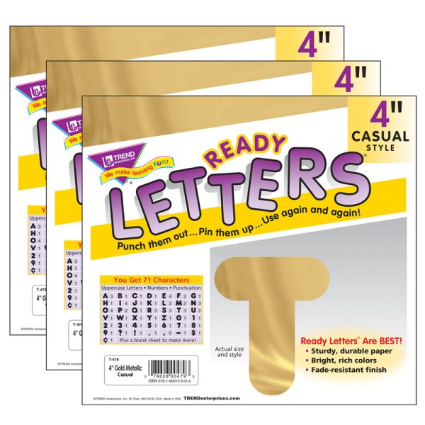 Gold Metallic 4" Casual Uppercase Ready Letters®, 71 Per Pack, 3 Packs