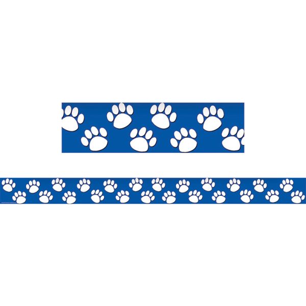 Blue with White Paw Prints Straight Border Trim, 35 Feet