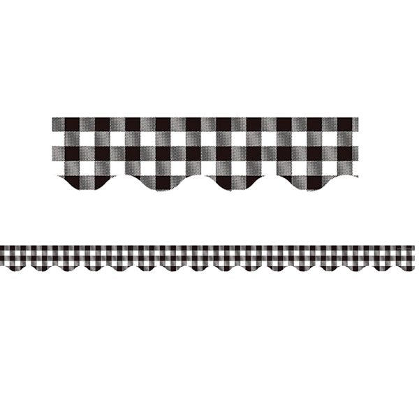 Black and White Gingham Scalloped Border Trim, 35 Feet