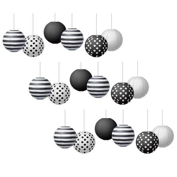 Black & White 8" Hanging Paper Lanterns, 6 Per Pack, 3 Packs