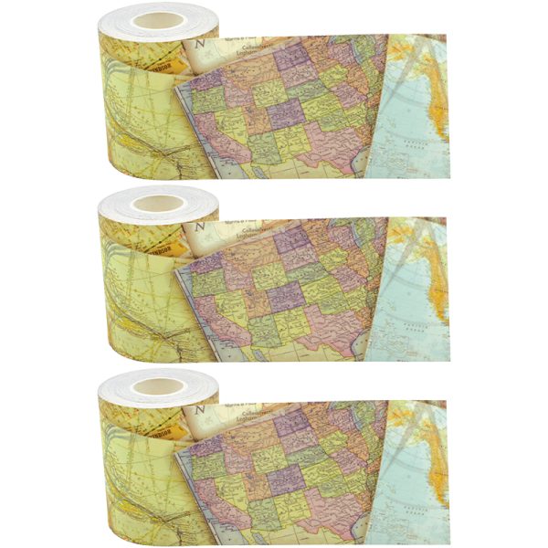 Travel the Map Straight Rolled Border Trim, 50 Feet Per Roll, Pack of 3