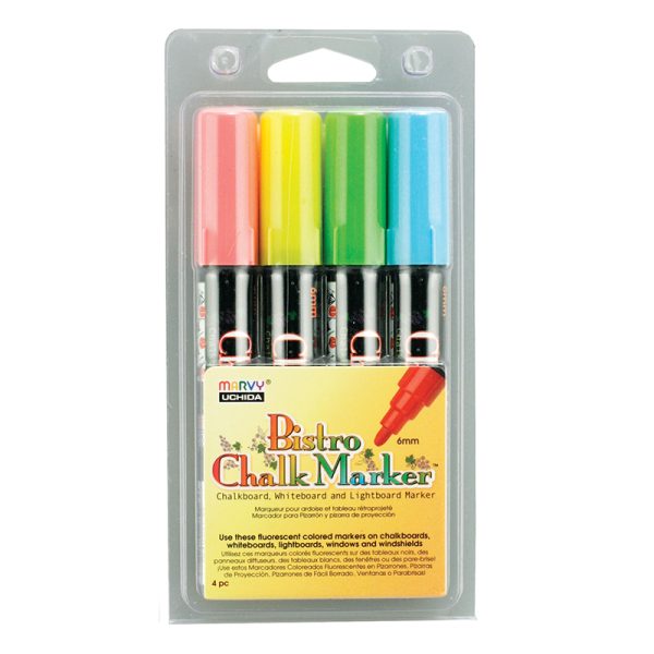 Broad Point Chalk Marker Set, Fluorescent Red, Blue, Yellow and Green